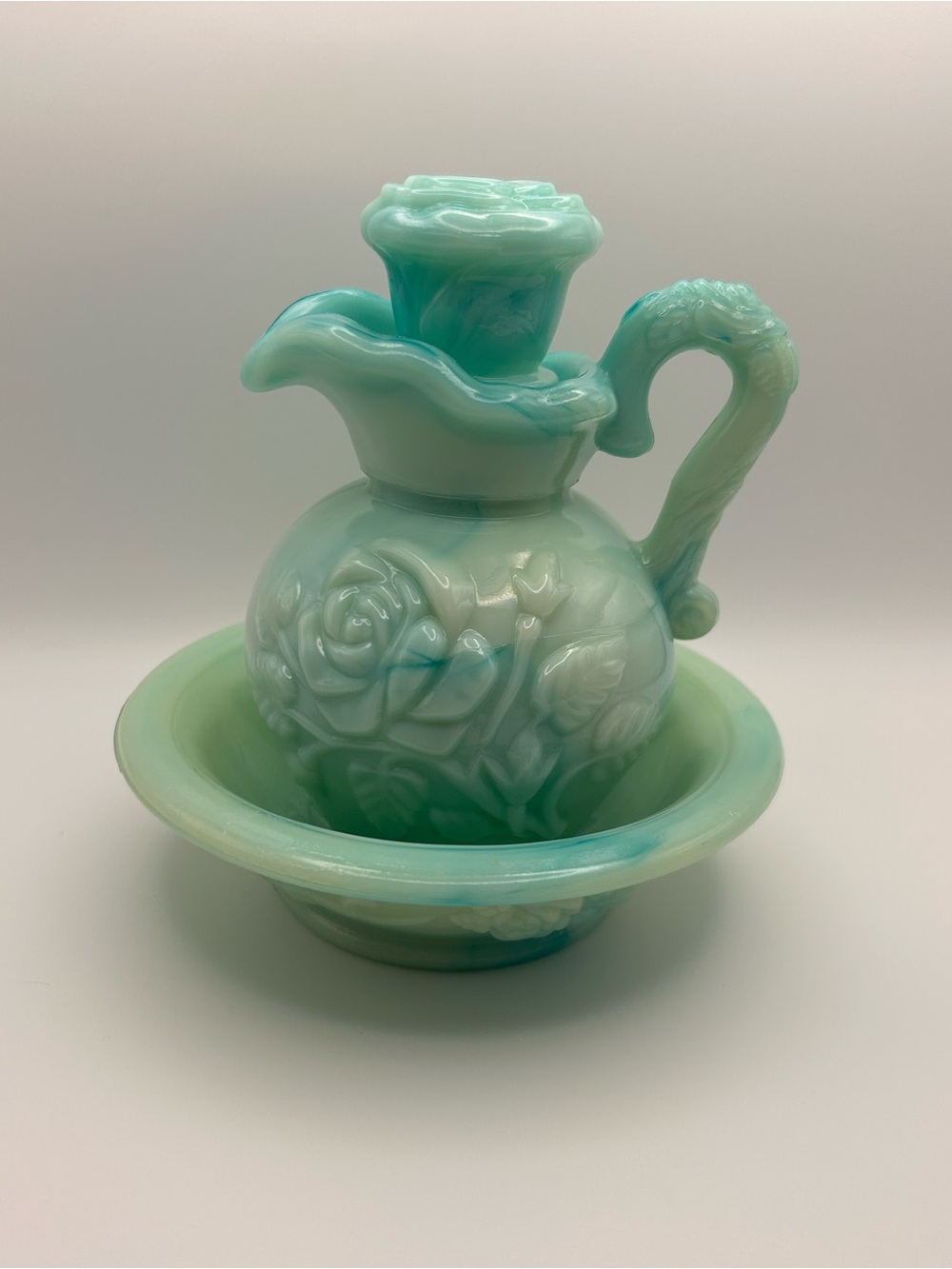 Vintage Avon Victoriana Pitcher & Bowl Set | Aqua Slag Glass, Rose Stopper 1970